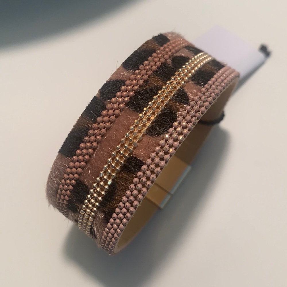 NEW leopard faux fur magnetic cuff bracelet with metallic beaded wrap